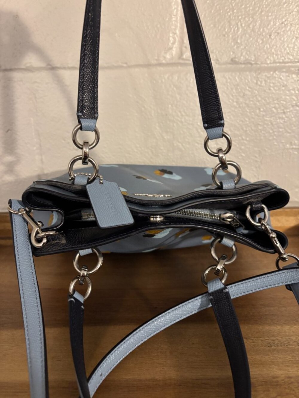 Coach Minetta Light Blue Navy Blue Floral 2 Way Leather Satchel Crossbody - Picture 7 of 11